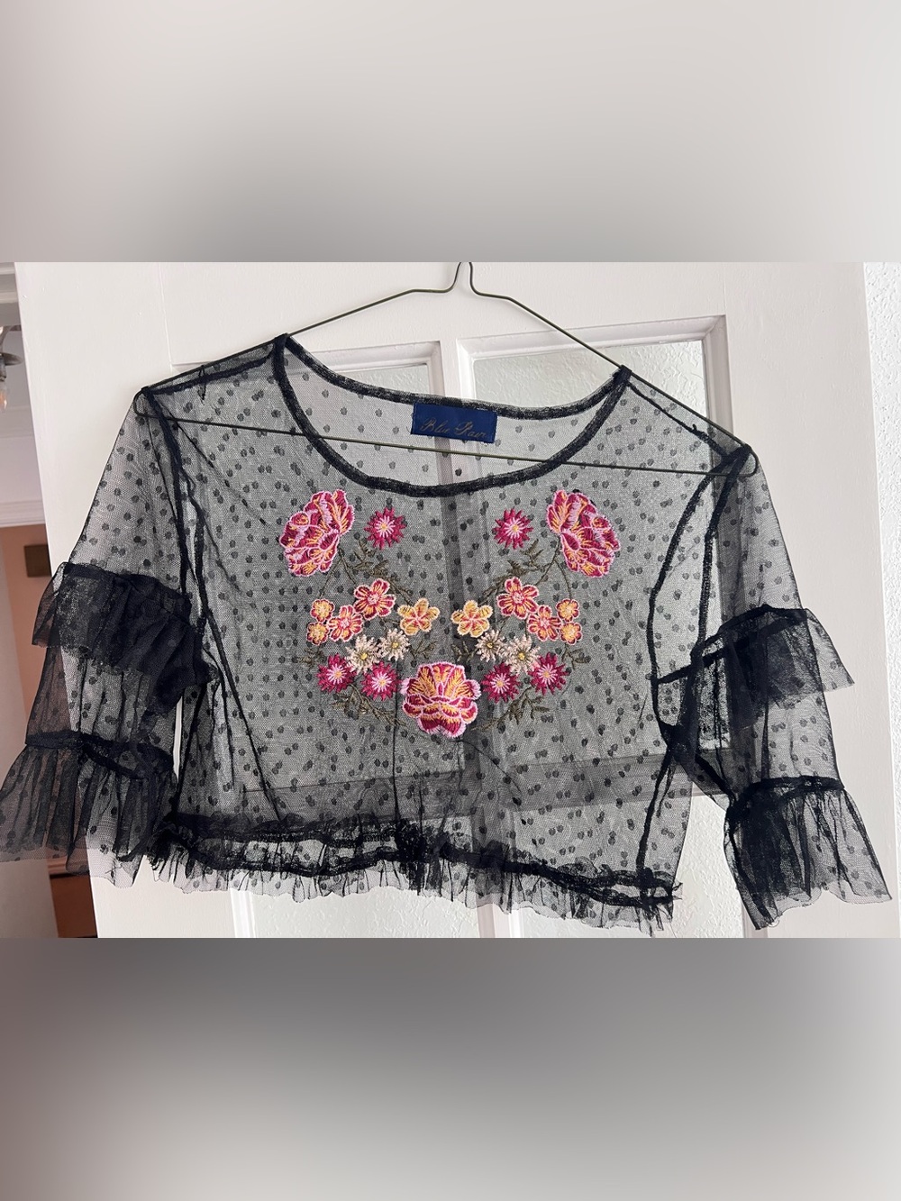 Blue Rain Black Mesh Floral Embroidered Crop Top